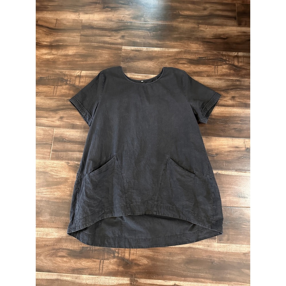 Black Cotton Linen Blend Short Sleeve Tunic Top with Pockets XL LL-1718